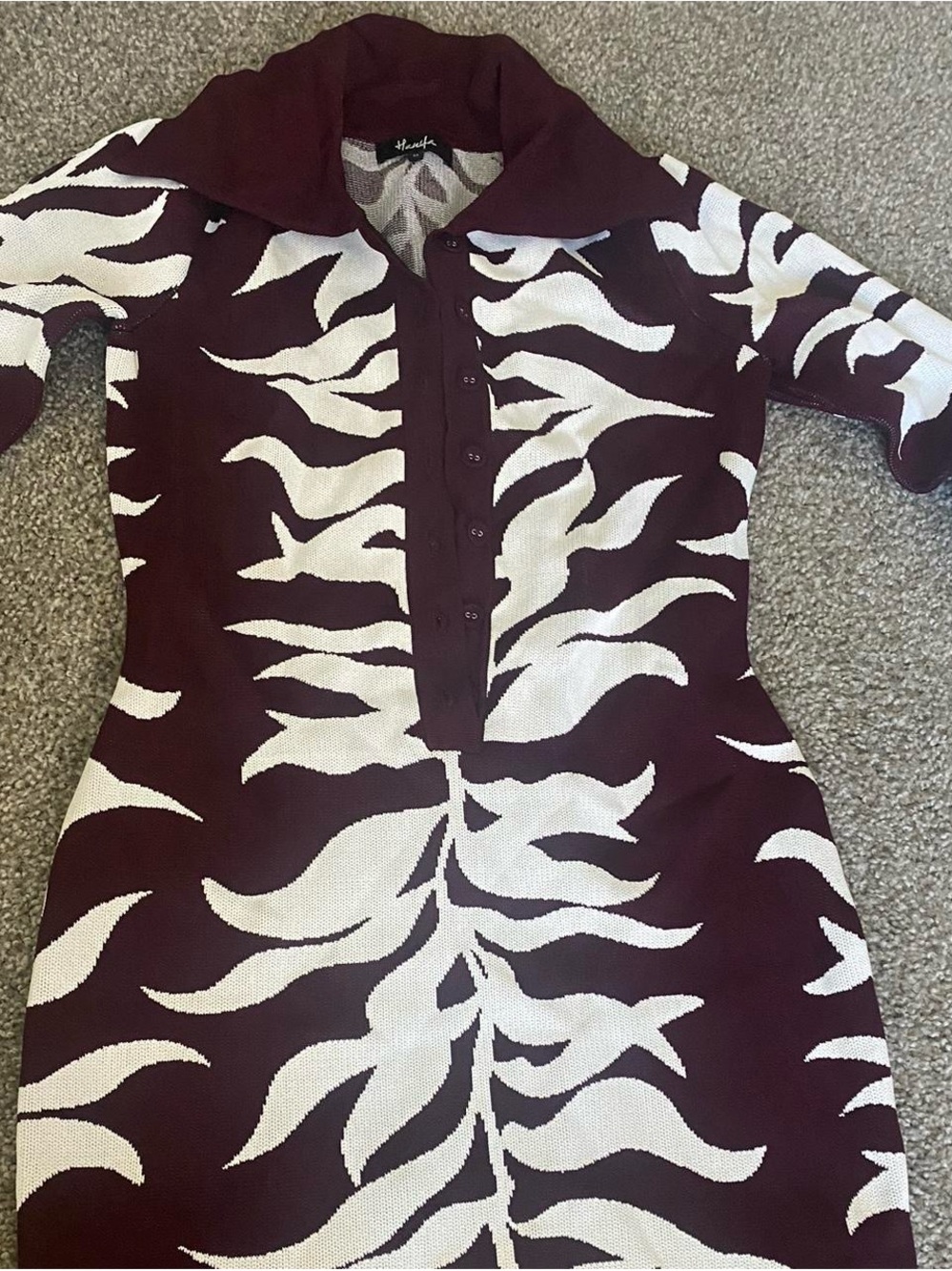 Hanifa Maroon and White Abstract Knit Mini Dress